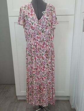 Lane Bryant White Floral V-Neck Maxi Dress with Pink and Green Print